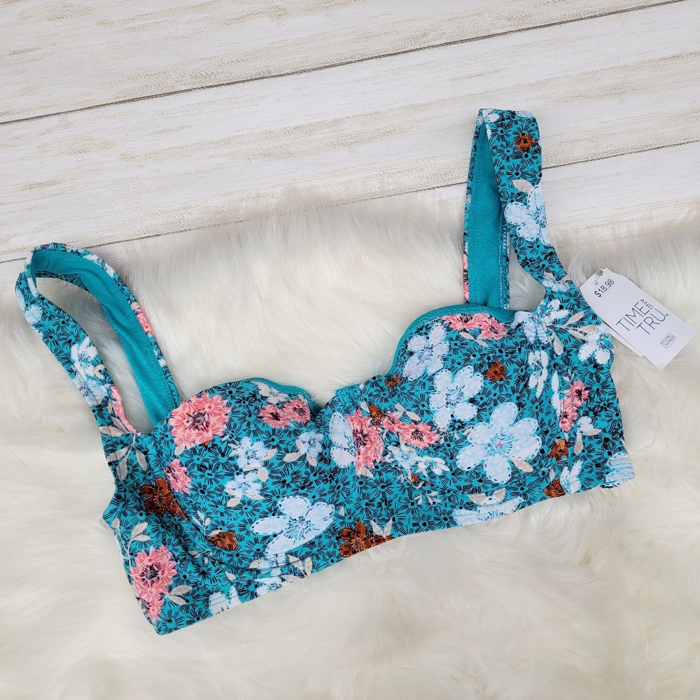 Time and Tru Women's Medium Balconette Bralette Swimsuit Top Turquoise Floral